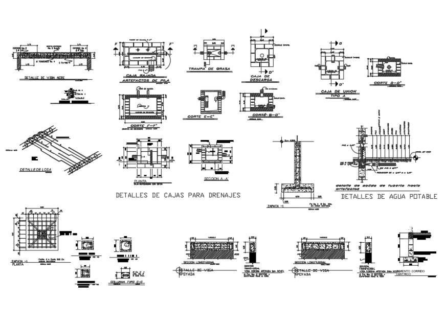 Foundation structure and drainage boxes-plumbing and structure details dwg file