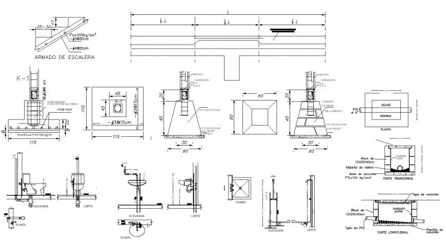 Foundation structure details 2d view of RCC construction blocks dwg file