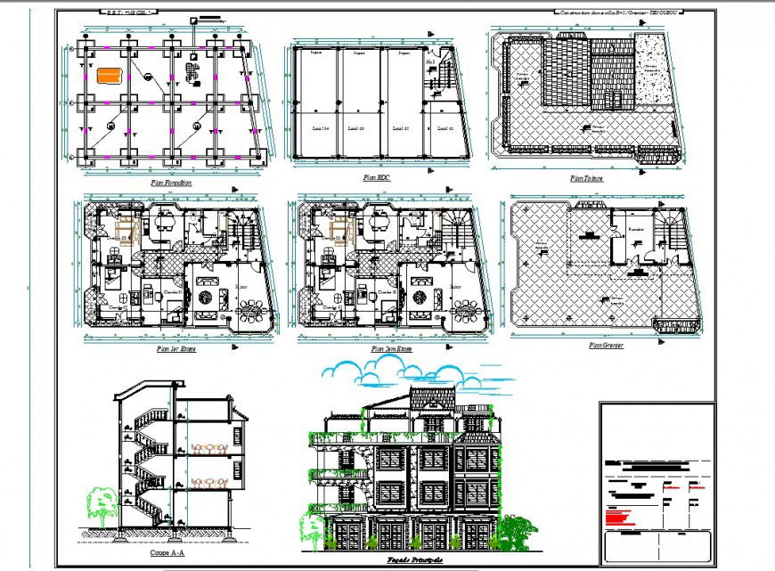 Foundation to furniture house plan detail in plan, elevation and section layout file