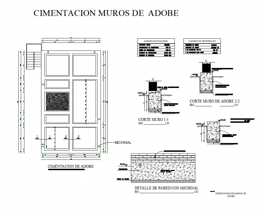 Foundation wall detail elevation and section layout 2d view dwg file