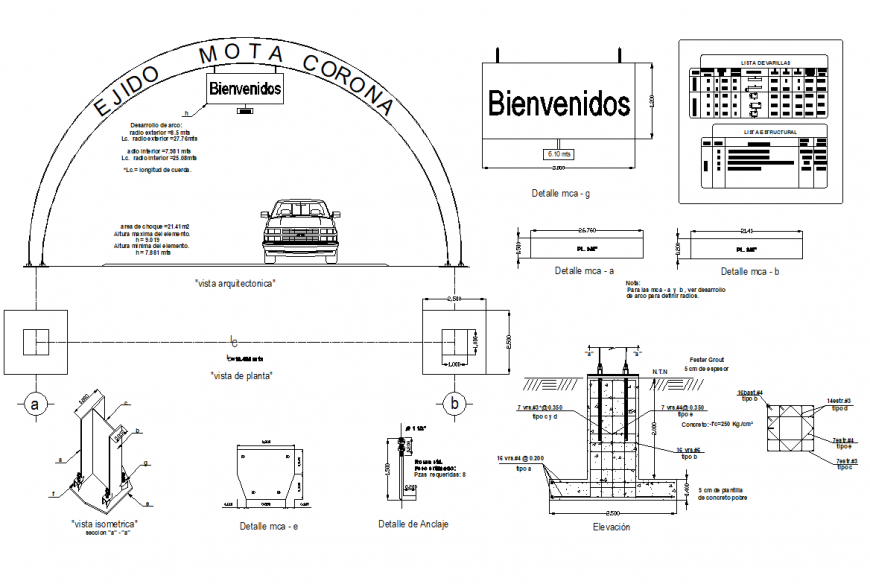 Foundation Welcoming arch to ejido mota section plan autocad file