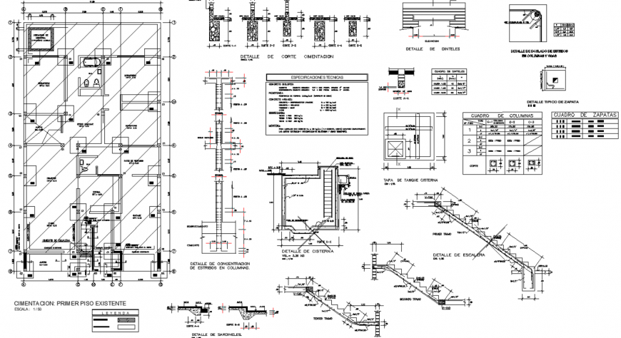 Foundations and reinforced concrete details plan dwg file.