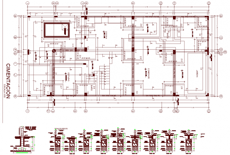Foundations and structure of a house plan in dwg file.