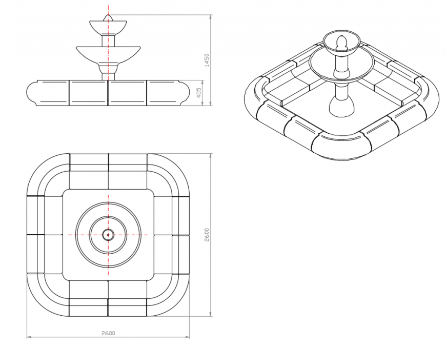 Fountain front, top and side elevation cad drawing details dwg file