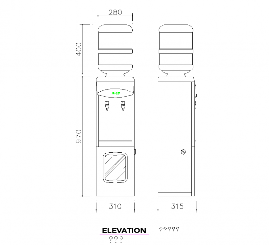 Fountain of drinking view with elevation and side view dwg file