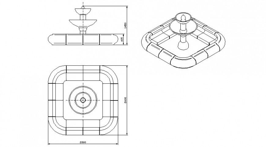 Fountain plan, elevation and isometric detail in auto cad file