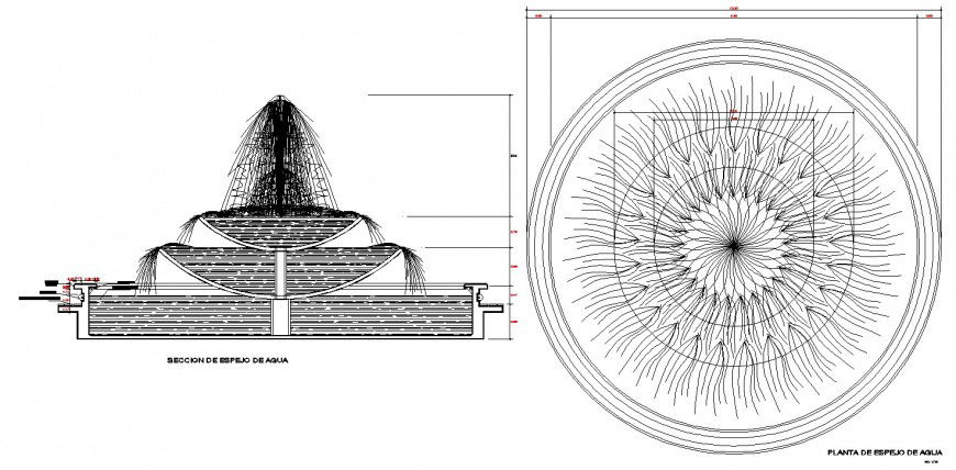 Fountain plan and sectional elevation drawing in dwg file.