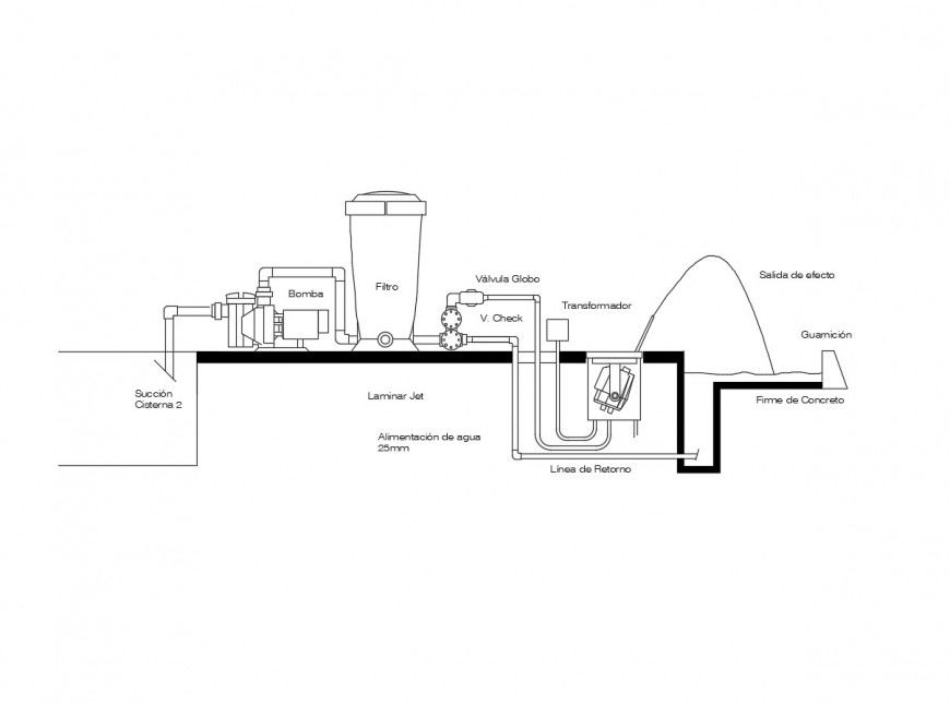 Fountain plumbing detail 2d view elevation layout autocad file