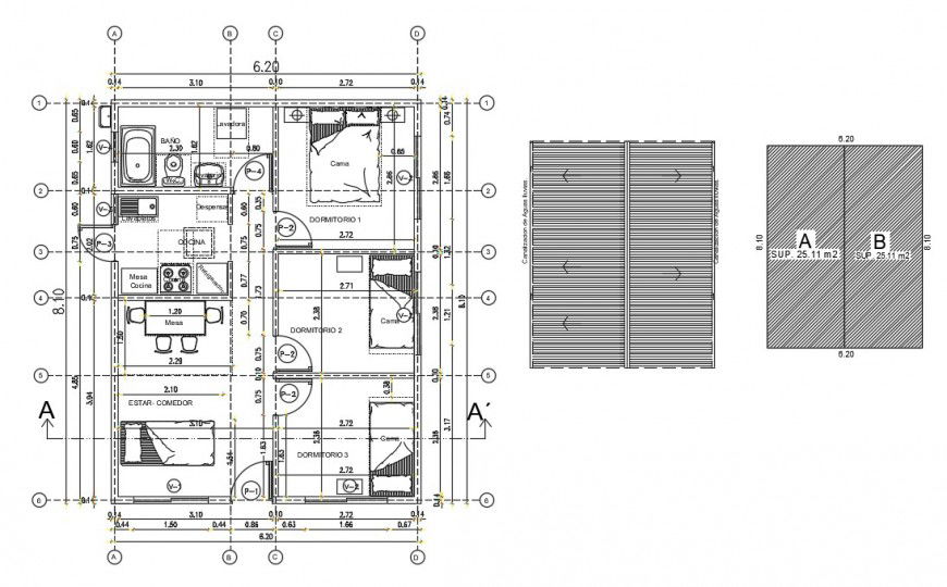 Four bedroom house distribution plan with furniture drawing details dwg file