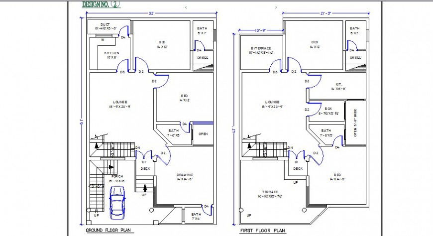 Four bedroom house ground and first floor plan cad drawing details dwg file
