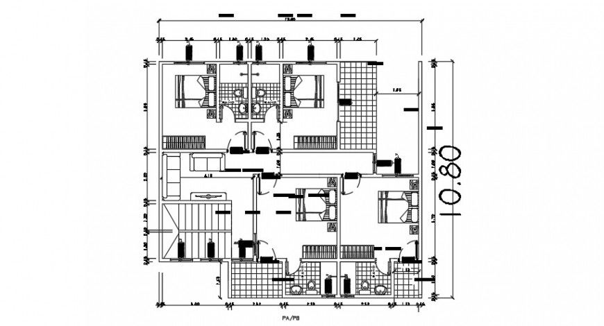 Four bedroom house layout plan with furniture drawing details dwg file