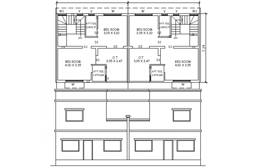 Four bedroom house main elevation and plan details dwg file