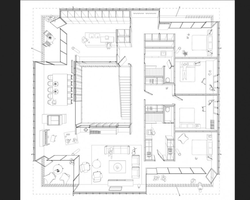 Four bedroom house top view layout plan 3d model jpg file
