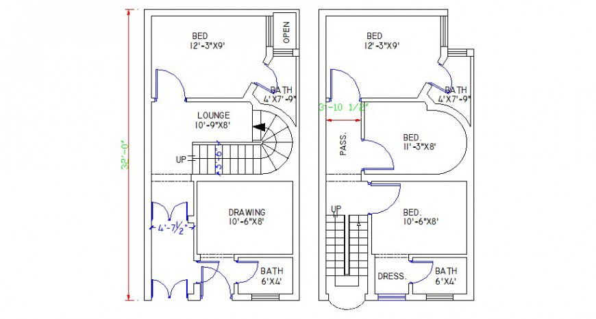Four bedroom two-level house floor plan cad drawing details dwg file