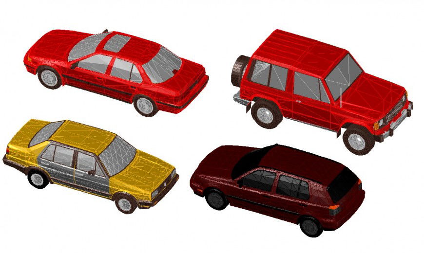 Four family and xuv cars 3d elevation blocks drawing details dwg file