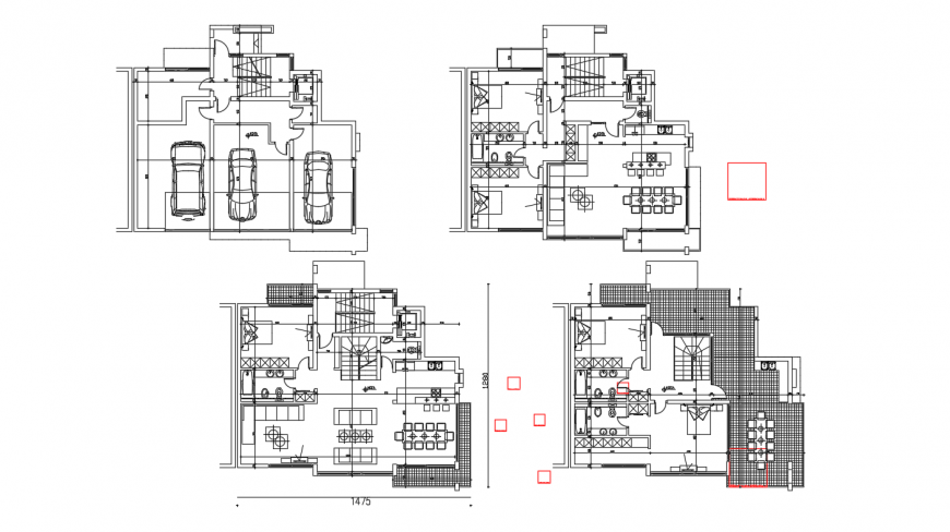 Four floor distribution details for residential apartment building dwg file