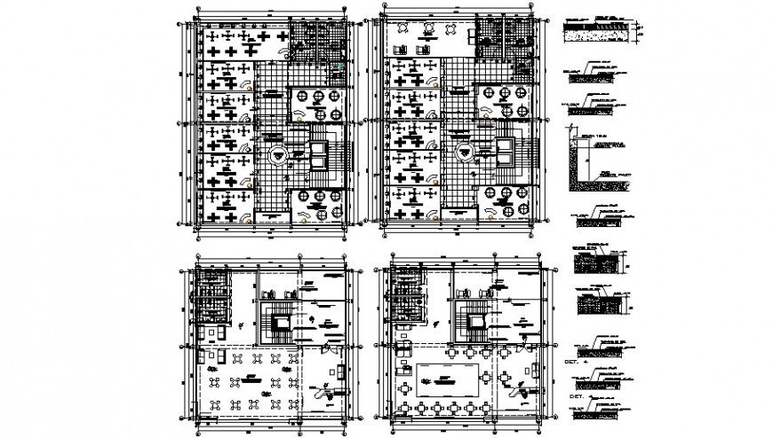 Four floor distribution details of multi-level hospital building dwg file