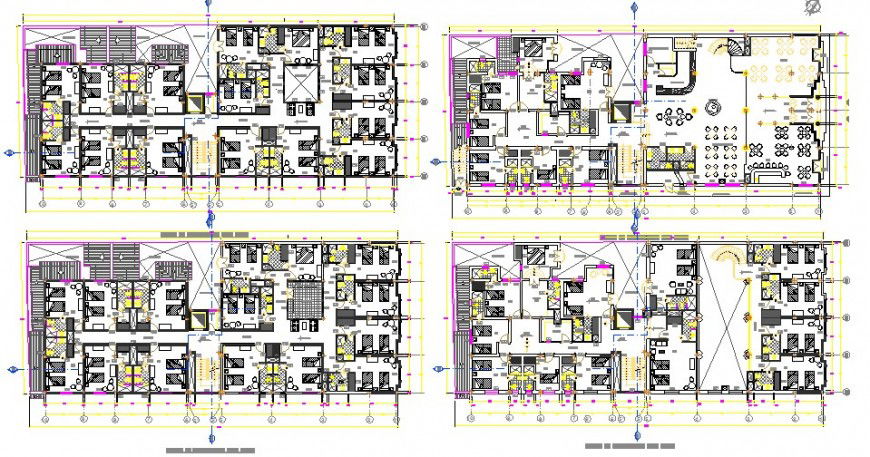 Four floor distribution layout plan details of five star multi-level hotel building dwg file