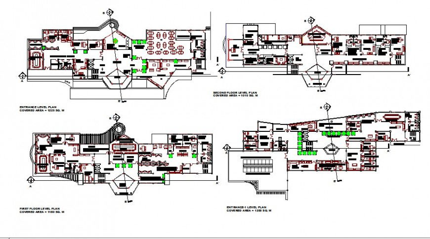 Four floor distribution layout plan details of multi-story government building dwg file