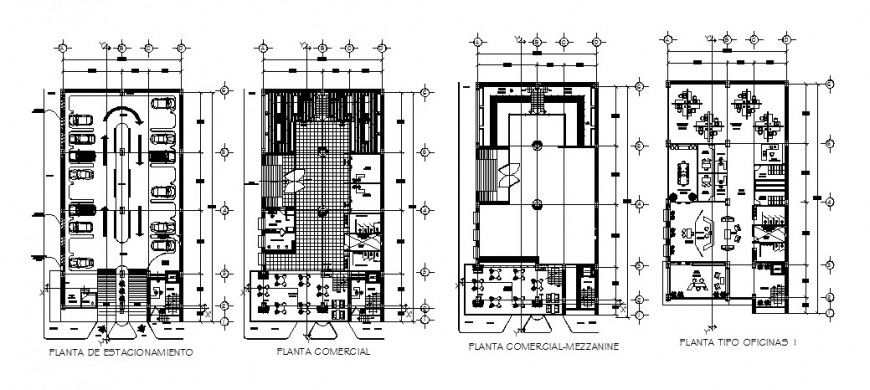Four floor distribution layout plan details of office building tower dwg file