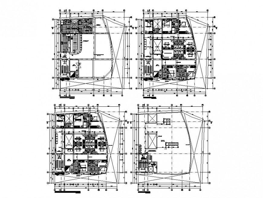 Four floor distribution layout plan details of residential apartment building dwg file