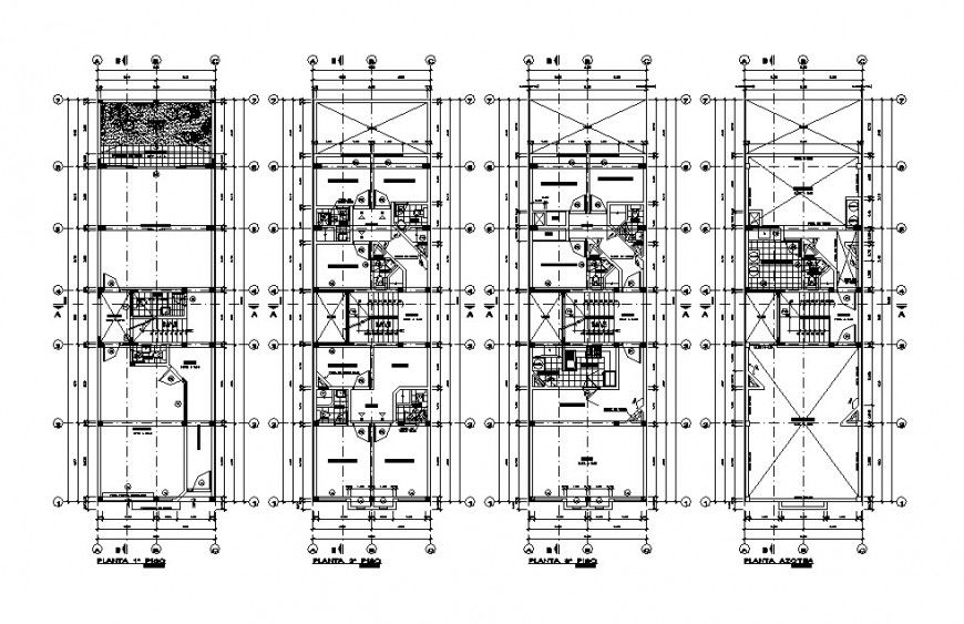 Four floor distribution layout plan details of residential building dwg file