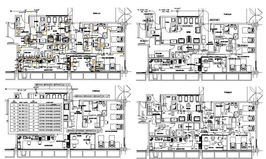 Four floor distribution plan details of hospital with blood bank dwg file