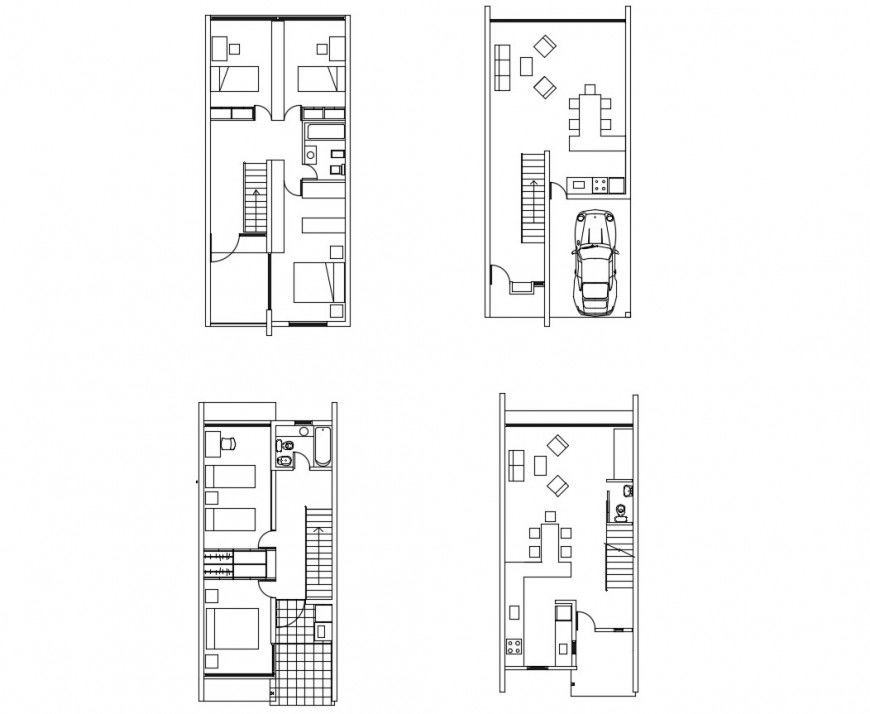 Four floor distribution plan details of one family bungalow dwg file