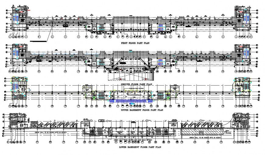 Four floor distribution plan details of shopping mall building dwg file