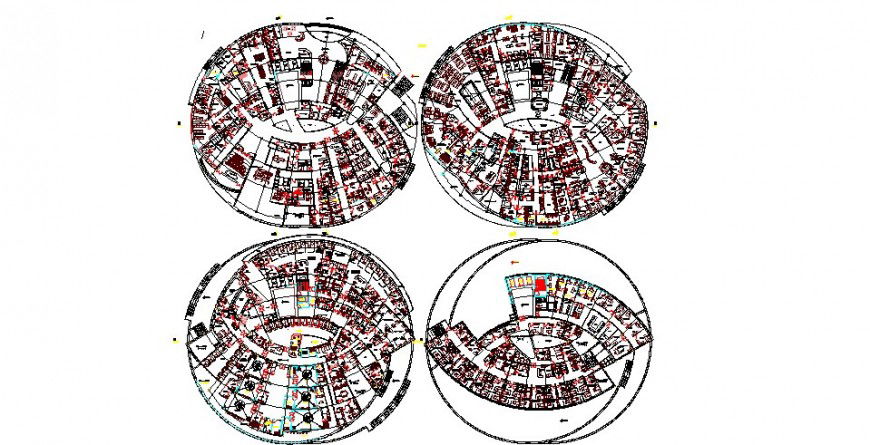 Four floor layout plan details of multi-family apartment building dwg file