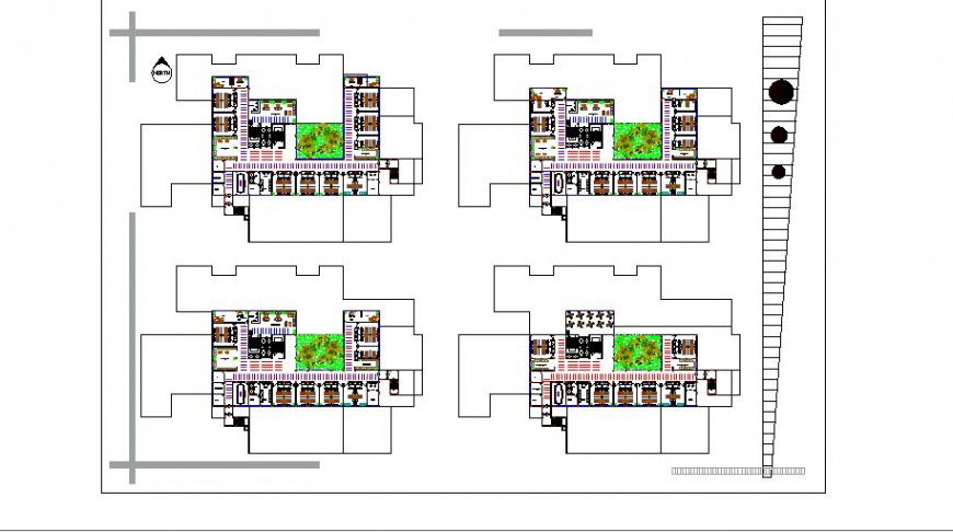Four floor plan distribution drawing details of Bassel hospital dwg file