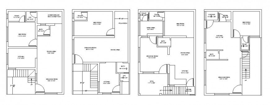 Four flooring one family house general layout plan cad drawing details dwg file