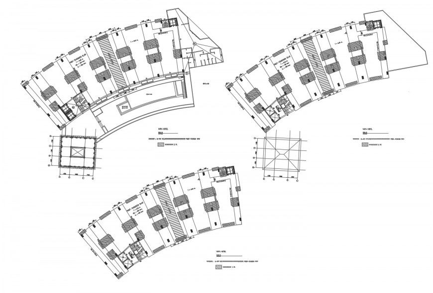 Four floors distribution layout plan details of hotel building dwg file