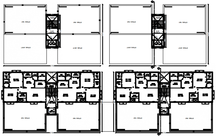 Four floors distribution plan drawing details of apartment building dwg file