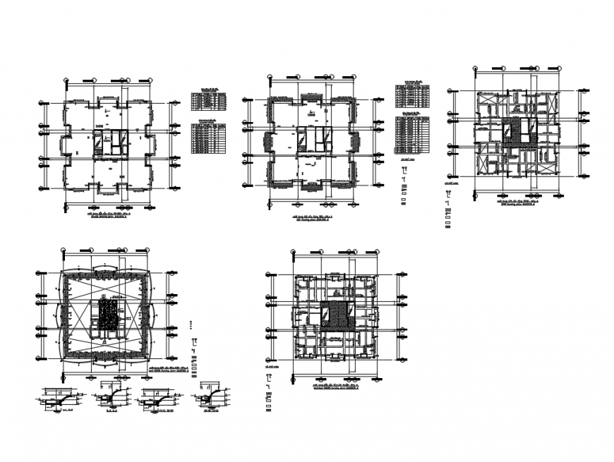 Four floors framing plan details of office building tower cad drawing details dwg file
