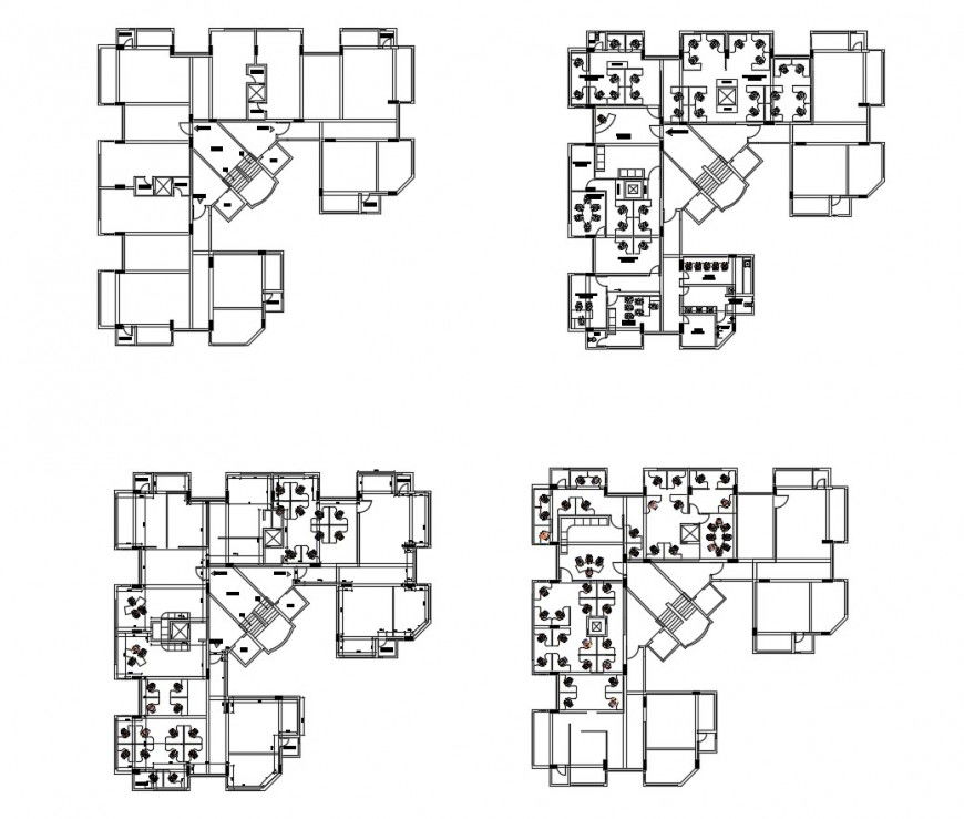 Four floors layout plan details of administration building dwg file