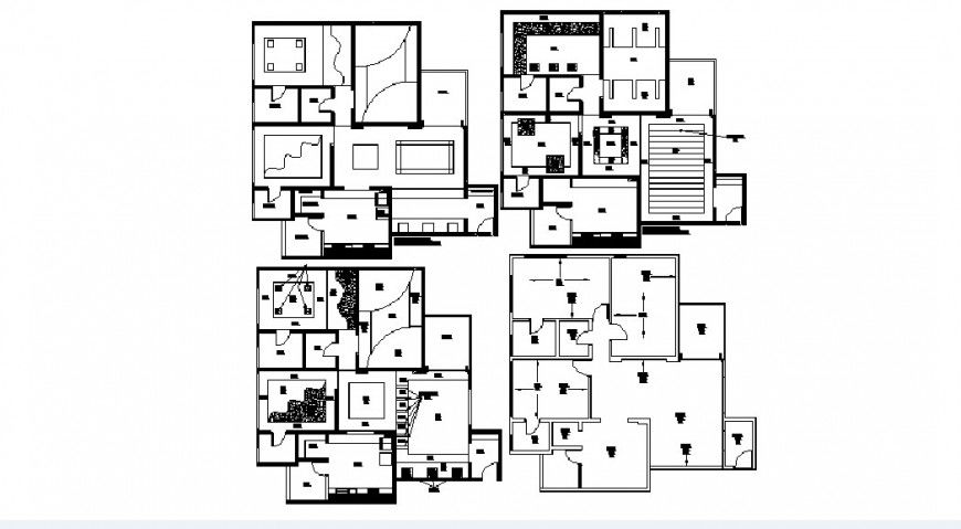 Four houses distribution layout plan details for apartment building dwg file