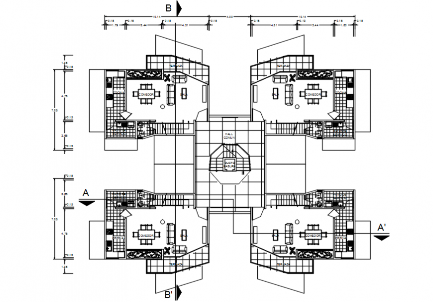 Four houses layout plan with furniture for apartment building cad drawing details dwg file
