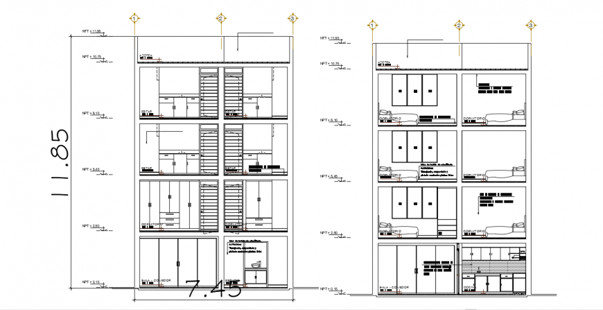 Four level apartment building front and back section drawing details dwg file