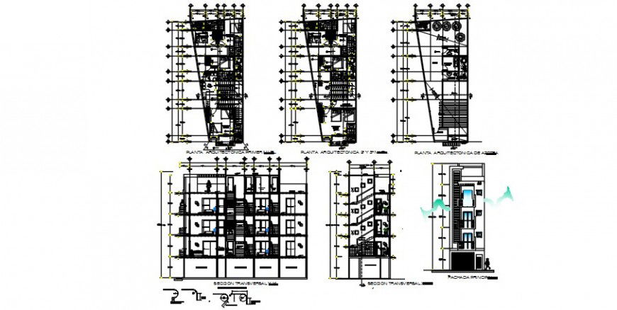 Four level modern hotel elevation, section and floor plan drawing details dwg file