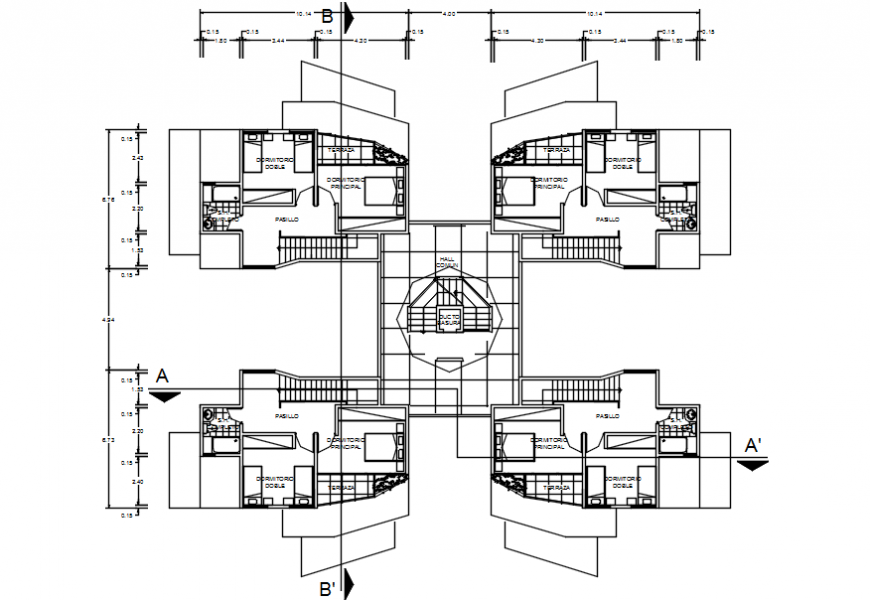 Four residential houses of apartment distribution plan drawing details dwg file