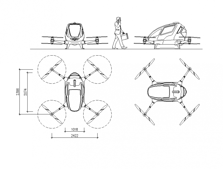 Four sided blade helicopter detail elevation 2d view layout file