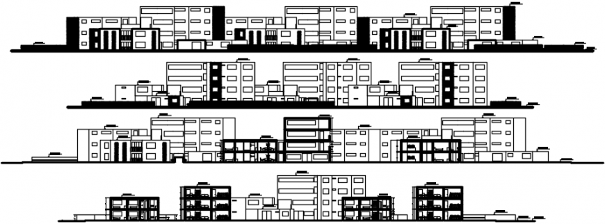 Four sided elevation drawing details of residential apartment building dwg file