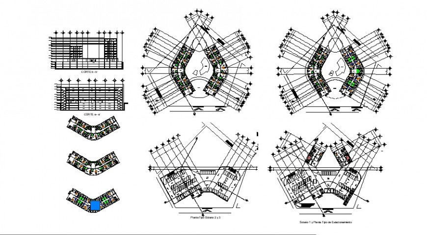 Four star hotel section and floor plan distribution drawing details dwg file