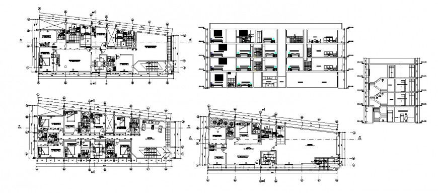 Four story hotel building section and floor plan cad drawing details dwg file