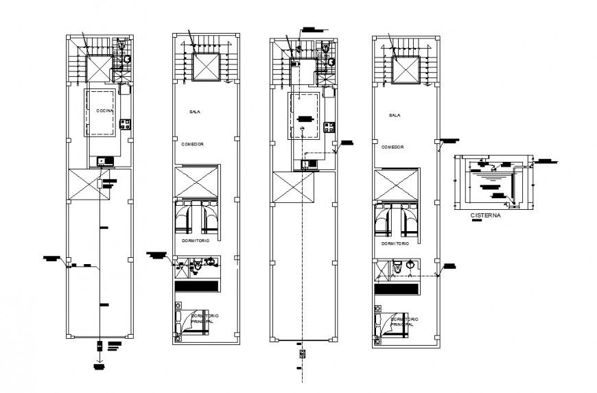 Four story house floor distribution plan cad drawing details dwg file