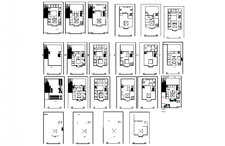 Four story housing apartment building floors and framing plan details dwg file