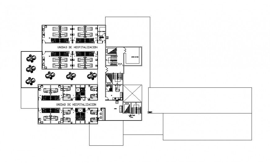 Fourth floor layout plan details of multi-story hospital building dwg file