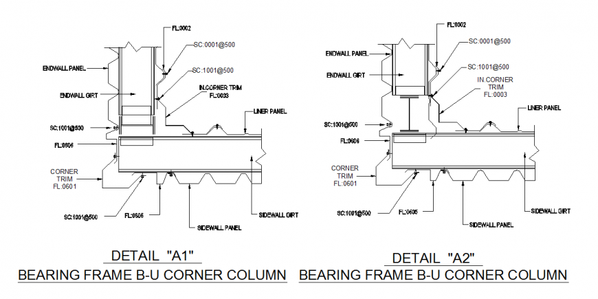 Frame main end corner column & flush frame main end corner column Detail