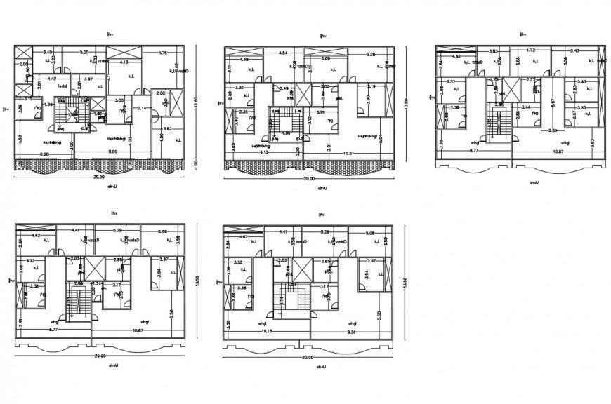 Framing plan details of all floors of apartment building dwg file